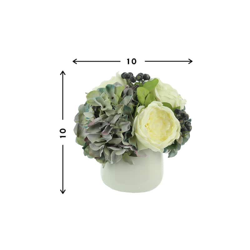 Hydrangeas, Peony and Blueberry in a Round Pot - White, Blue