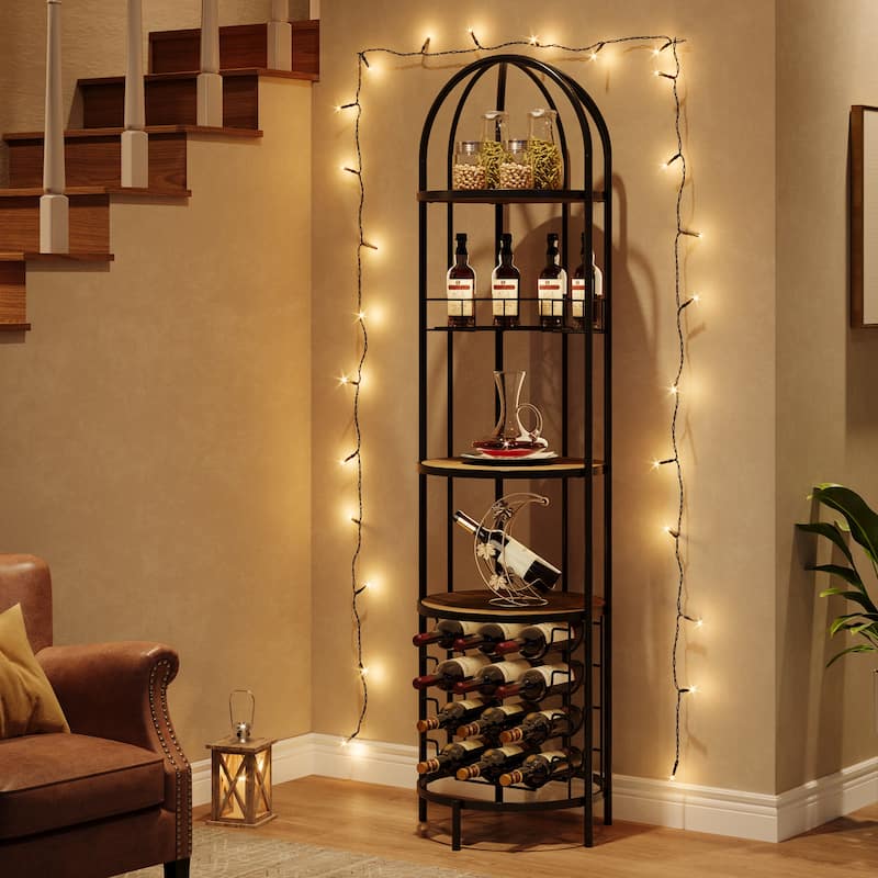 5-Tier Bar Wine Rack with Bottle Holder and Storage Shelves - 1 - Brown