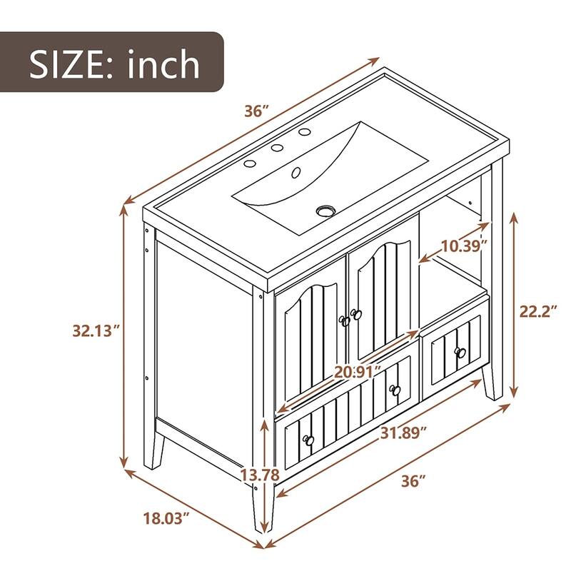 36" Bathroom Vanity with Ceramic Basin - Storage Cabinet with Drawers