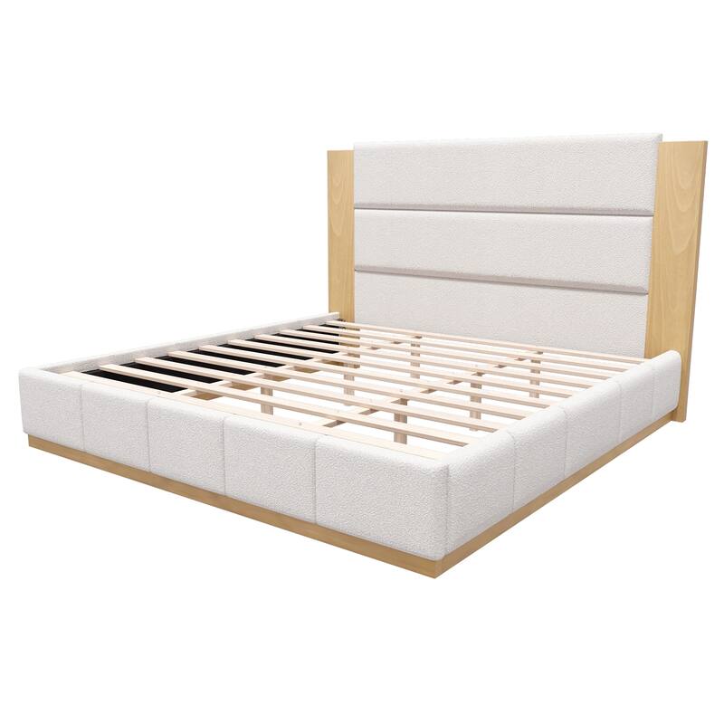 Upholstered Bed Low Profile Platform Bed Modern Wood Base Grounded Bed with Extended Wood Headboard and Upholstered Wingback