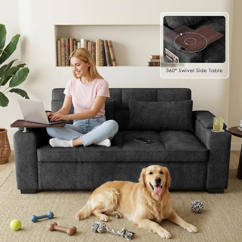 68" Chenille Fabric Sleeper Sofa Bed,Pull Out Couch with 360 Degree Swivel Side Table,USB Port,Cup Holder,Armrest Storage