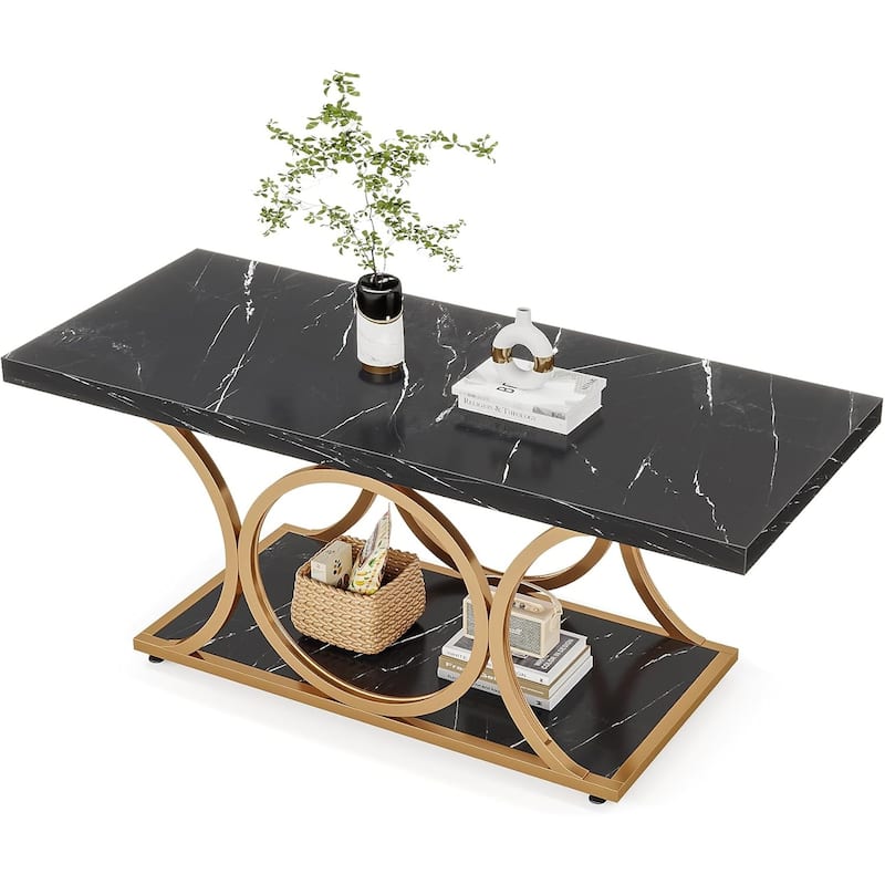 Rectangle Coffee Table, 2-Tier Faux Marble Wood Coffee Table