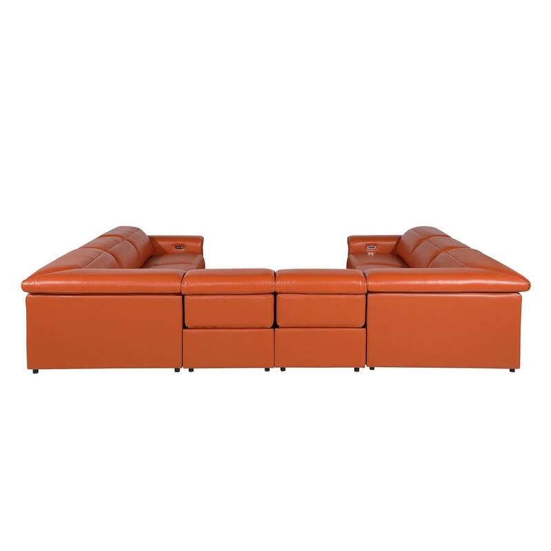 HomeRoots Camel Italian Leather Power Reclining U Shaped Eight Piece Corner Sectional With Console
