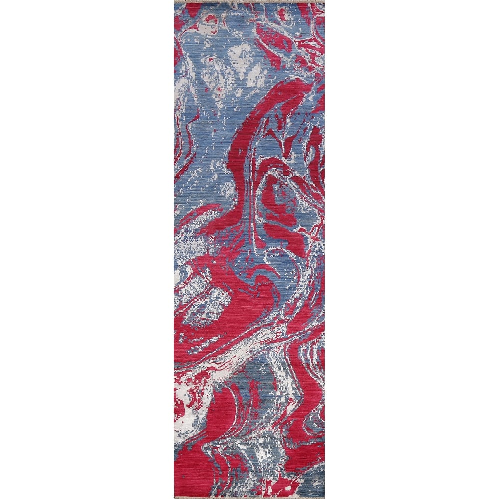 Wool/ Silk Artistic Abstract Oriental Runner Rug Hand-knotted Carpet - 2'8" x 10'2"