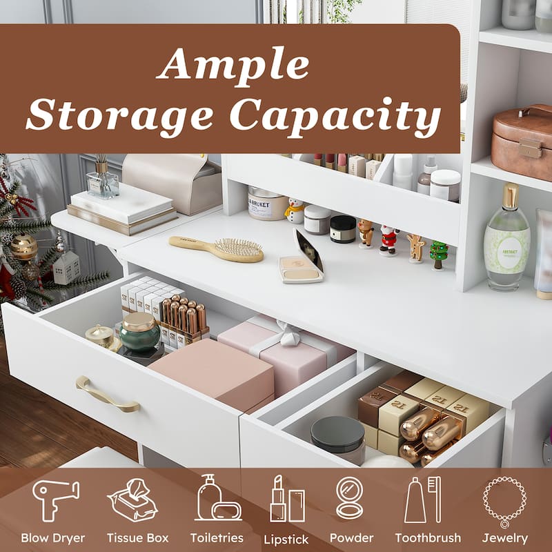 Anmytek Vanity Desk with LED Mirror Lights and Power Outlet - 3 Drawers, 7 Shelves and Storage Stool