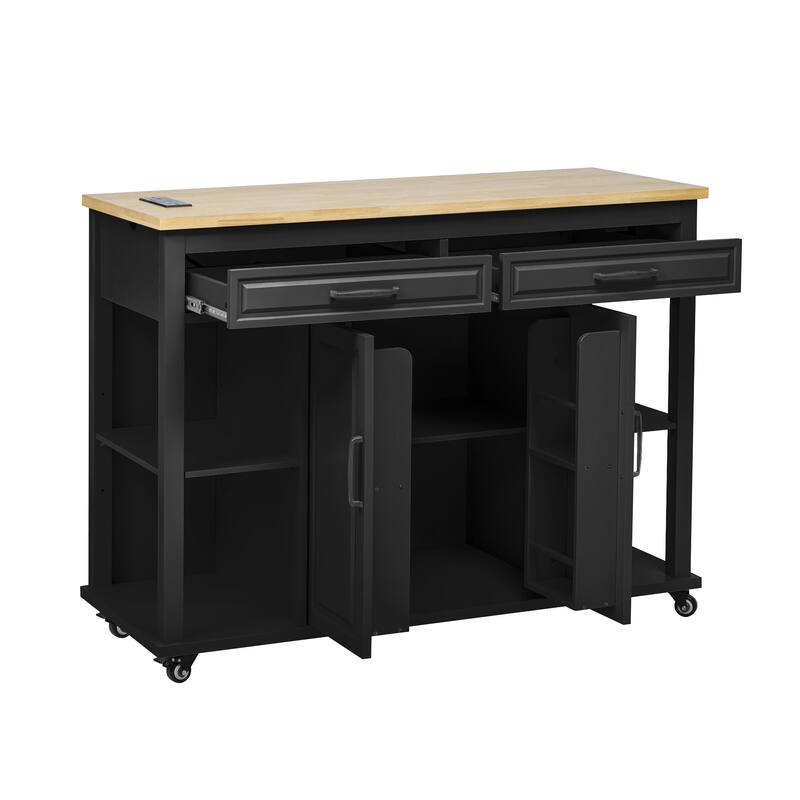 Roomfitters 47" Kitchen Island with Slide-Out Dining Table, Mobile Cart with Built-in Outlets, Internal Racks, Black