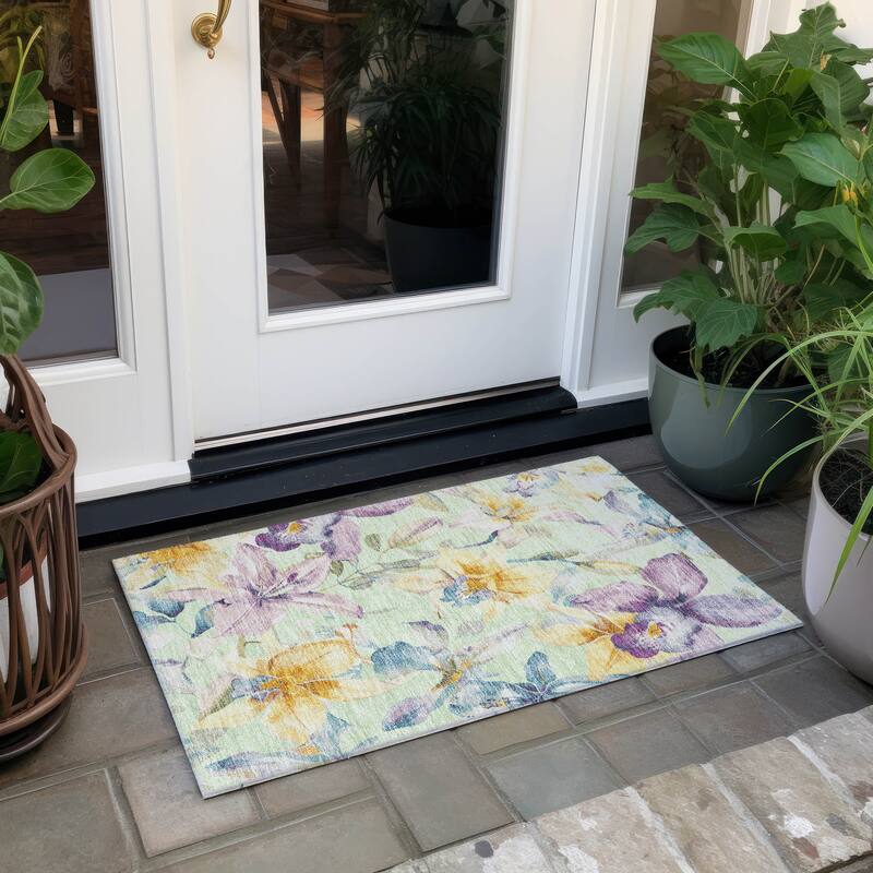 Machine Washable Indoor/ Outdoor Modern Floral Chantille Rug - Mint - 1'8" x 2'6"