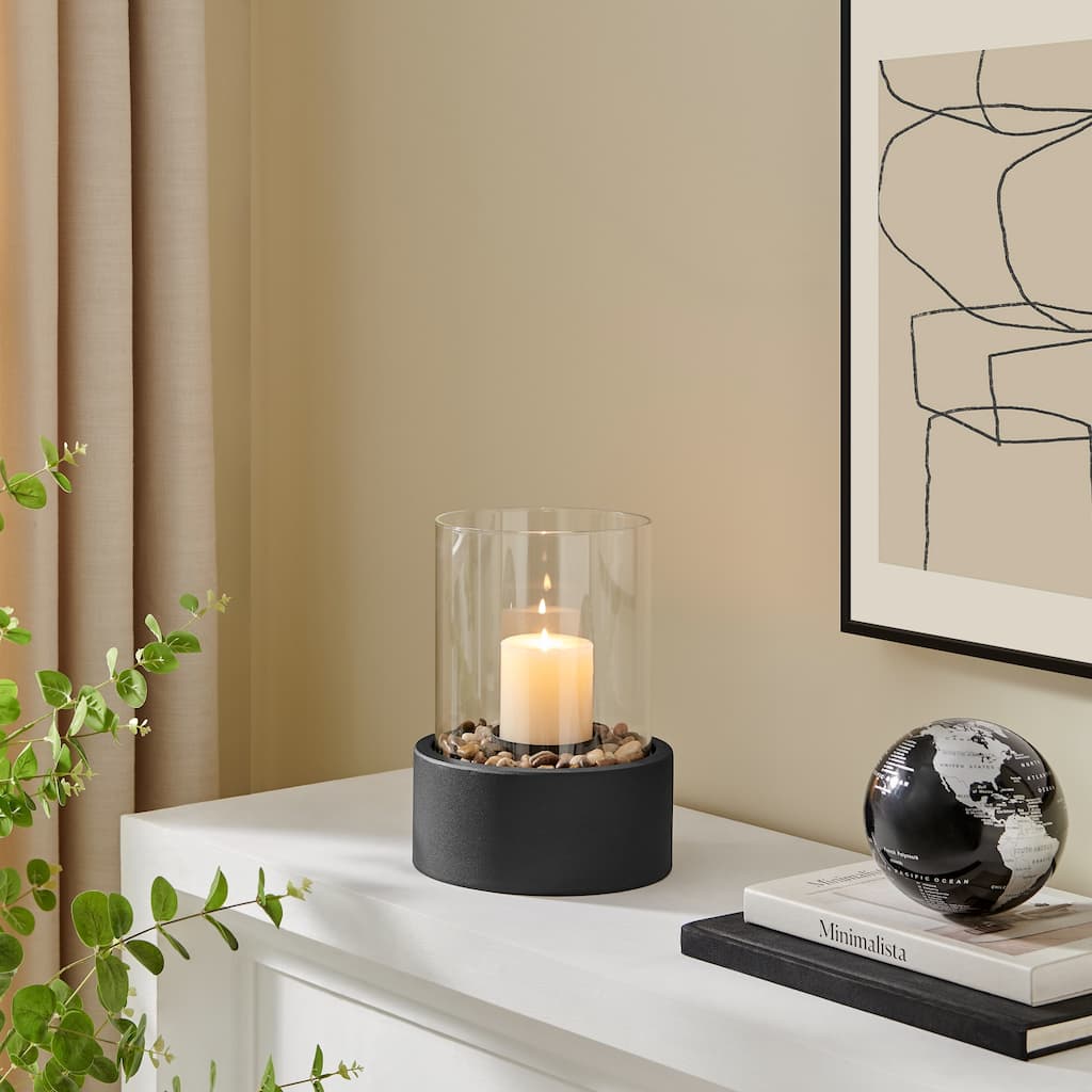 Small Glass Hurricane Pillar Candle Holders with Pebble Base - 11.25" - Black