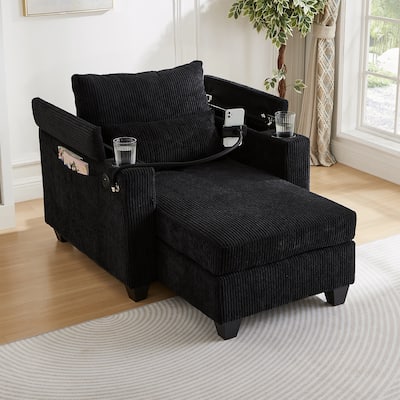 Convertible Chaise Lounge Sofa Chair Bed with USB Ports, Storage & Cup Holders, Black Corduroy