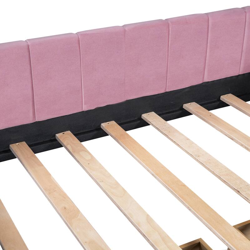 Twin Size Daybed Velvet Upholstered Sofa Bed with Trundle, Wood Platform Slat Support Bed Frame, Striped Tufted Backrest