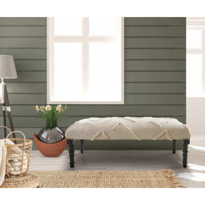Black Wood Cream Cotton Upholstered Bedroom Bench Geometric Pattern Nailhead Trim - 16” D x 47” W x 18” H