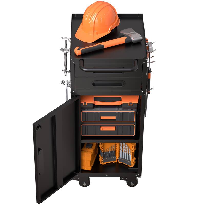 34.3" Narrow Rolling Tool Cabinet - Space-Saving Garage Storage with Lockable Door, 2 Drawers and Large Handle
