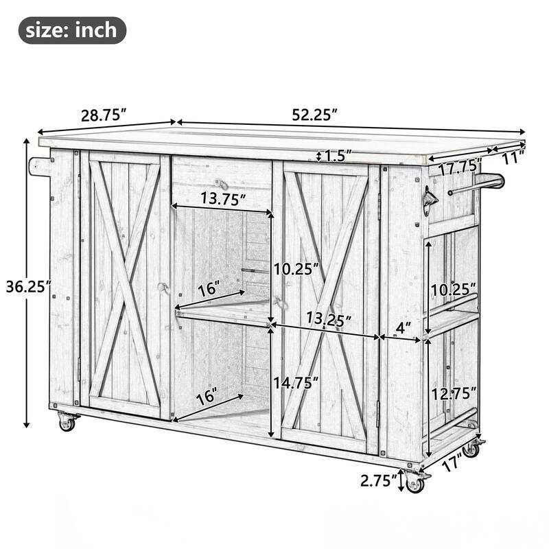 Outdoor Kitchen Island Fir Wood Kitchen Island with Stainless Steel Top, Ample Storage Space, Towel and Spice Racks