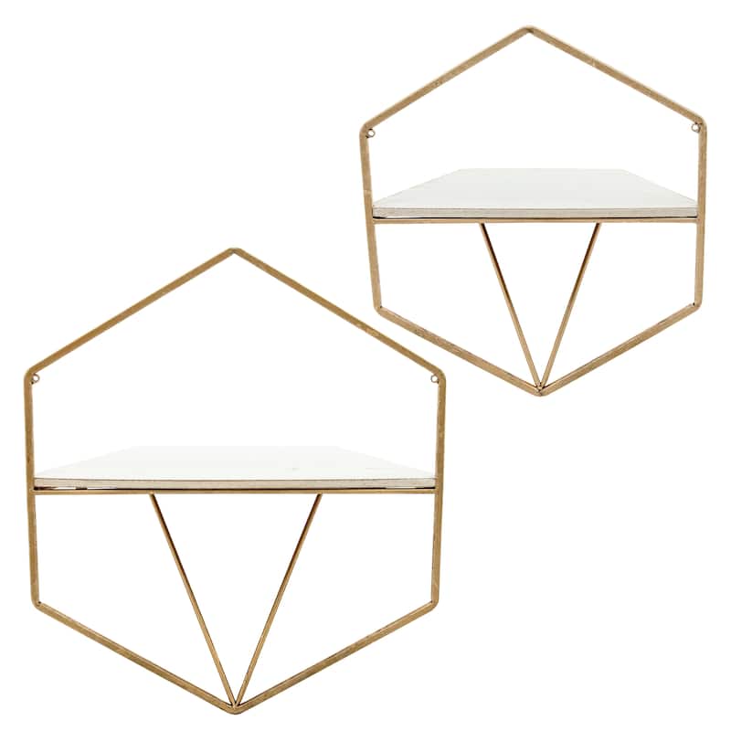 Set of 2 Hexagon Wall Shelves Contemporary Glam Gold and White Metal and Wood Decorative Floating Wall Storage - 17" x 7" x 17"