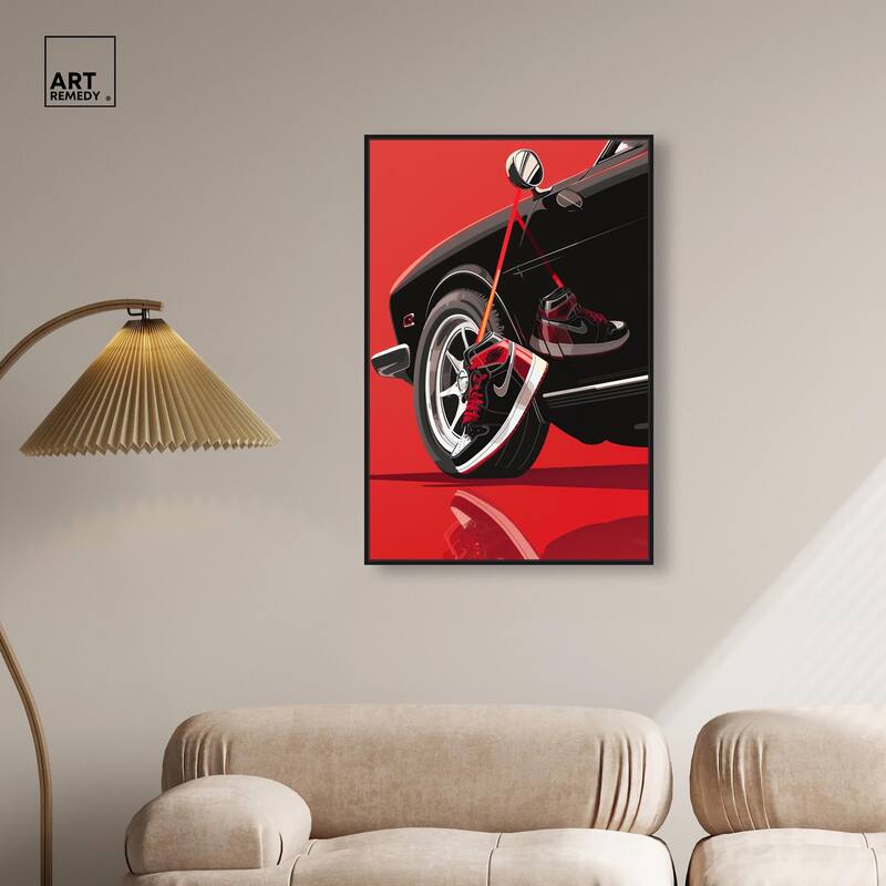 Red Bold Sneaker and Car Canvas by Art Remedy