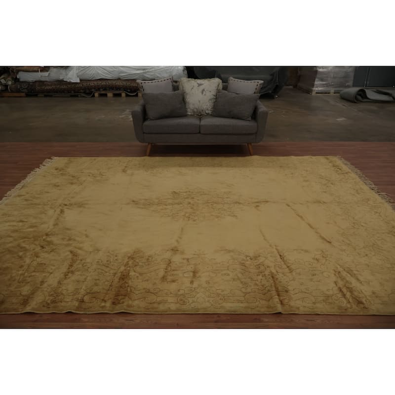 Hand Knotted Oriental 100% Wool Carpet Traditional Floral Yellow & Gold Kerman Area Rug - 11' 10'' X 8' 10''