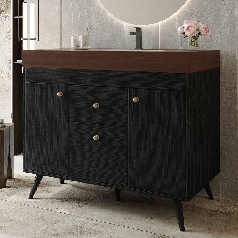 36" Modern Freestanding Bathroom Vanity with Sintered Stone Top, Ceramic Sink & Smart Storage