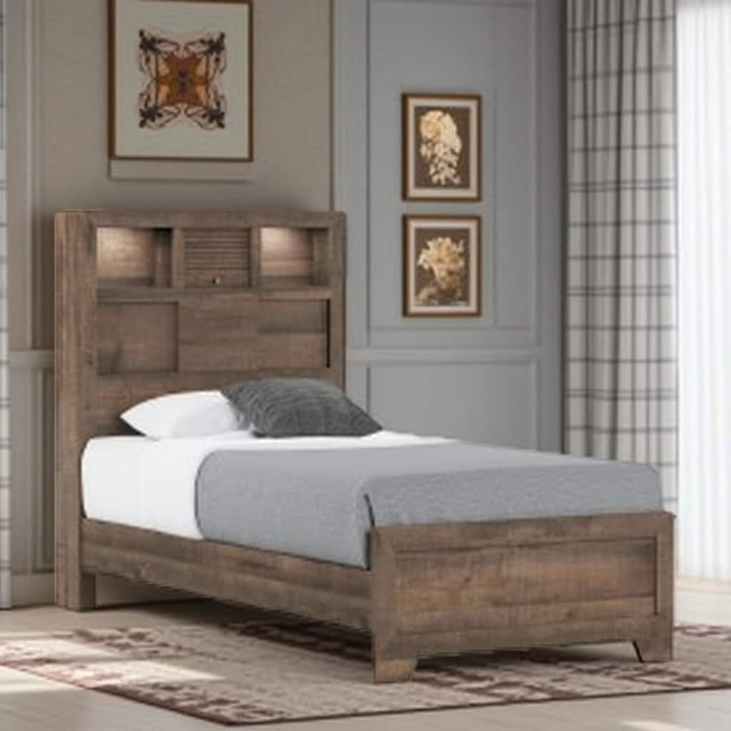 Modern Full Size Bookcase Bed Frame in Brown Penny Finish with Built-In Storage Headboard
