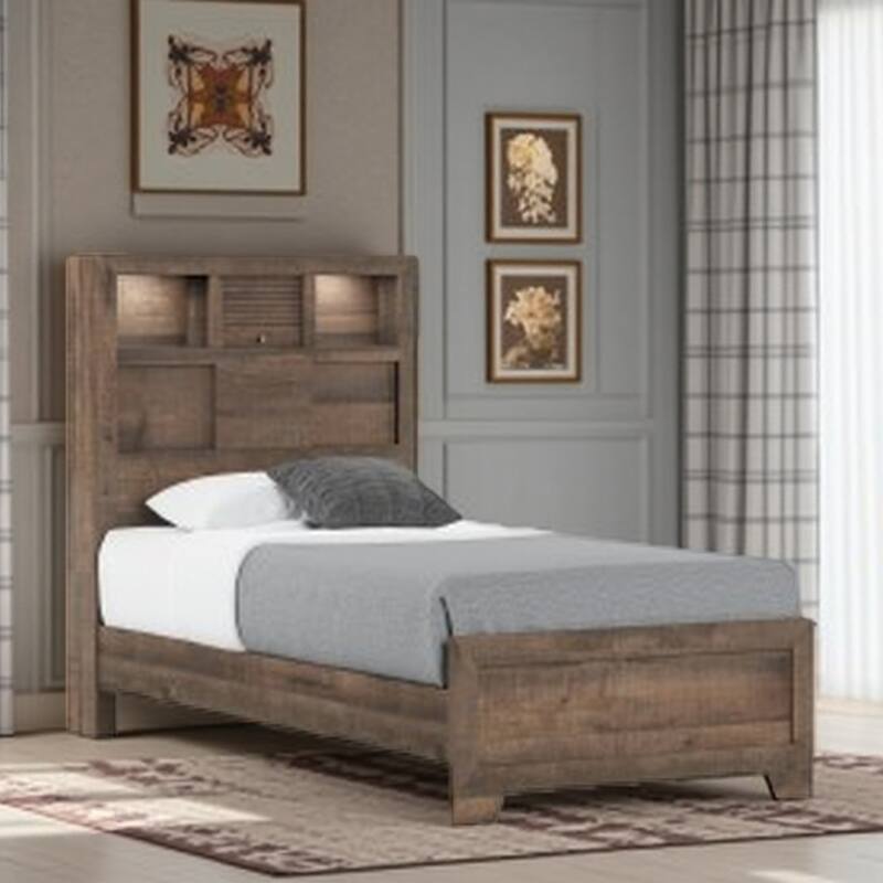 Modern Full Size Bookcase Bed Frame in Brown Penny Finish with Built-In Storage Headboard - Brown - Twin