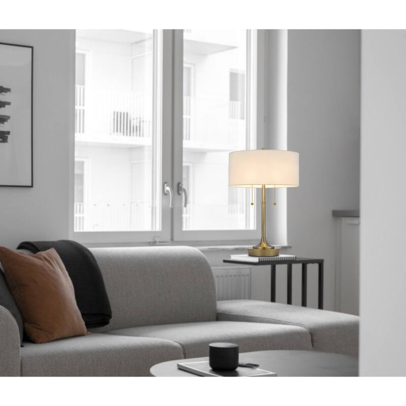 Antiqued Brass Metal Candlestick Table Lamp with White Drum Fabric Shade - 13” x 13” x 20” (D x W x H)