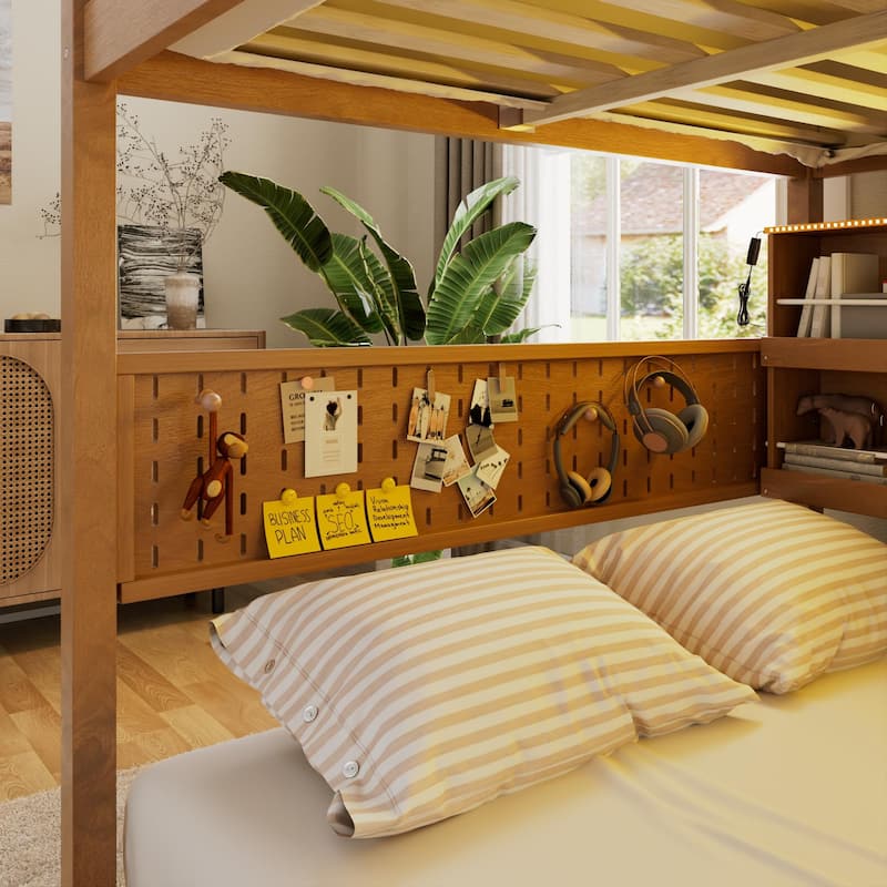 Full XL over Queen/Full over Full Bunk Bed with Integrated Shelving, Color-Changing Lights & Pegboard