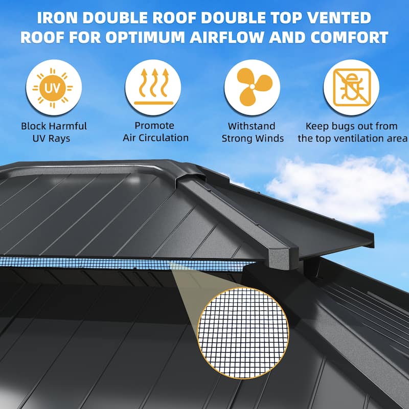 EROMMY Anti-Rust Coating Iron Hardtop Sun Shade Shelter Outdoor Canopy & Pergolas w/Curtains and Netting