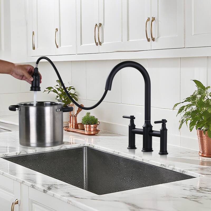 WOWOW Double Handle Pull Down Sprayer Bridge Kitchen Faucet