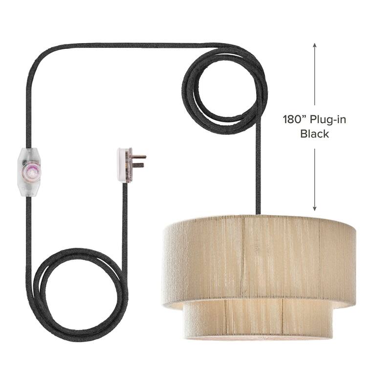 Elaine Rattan Pendant Light - Ivory White Large Drum 1-Light Handwoven Light Fixture For Modern, Boho, Farmhouse Room Decor - 24" - 180" Plug-In Black