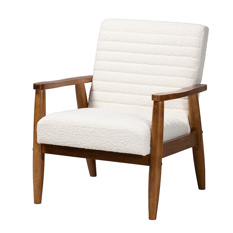 Stratton Mid-Century Modern Cream Boucle Fabric and Walnut Brown Finished Wood Armchair - Cream