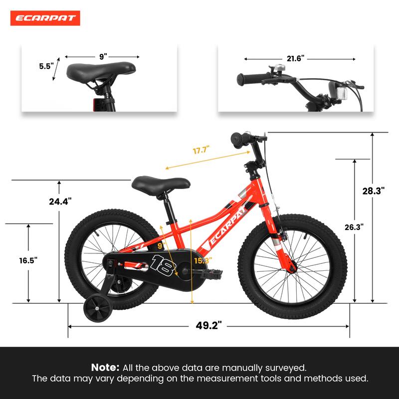 Single Kids Bike w/Removable Training Wheels, 18 Inch Bicycle with Shocks for 3-5 Year Old Children, Baby Toys/85% Pre-Assembled