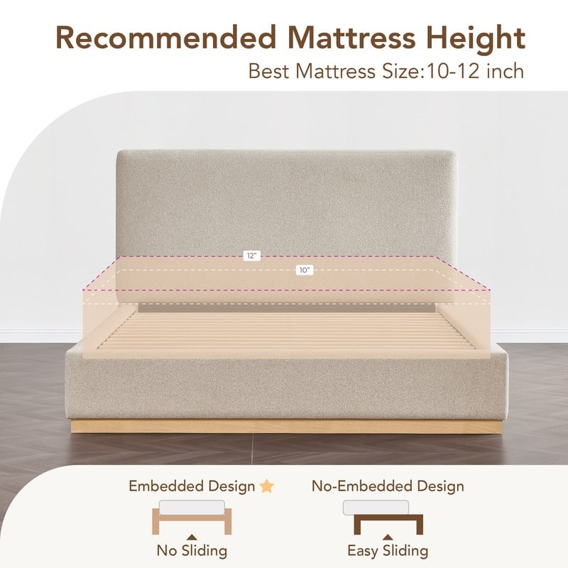 Spruce & Spring Modern Boucle Upholstered Platform Bed with Solid Wood Frame