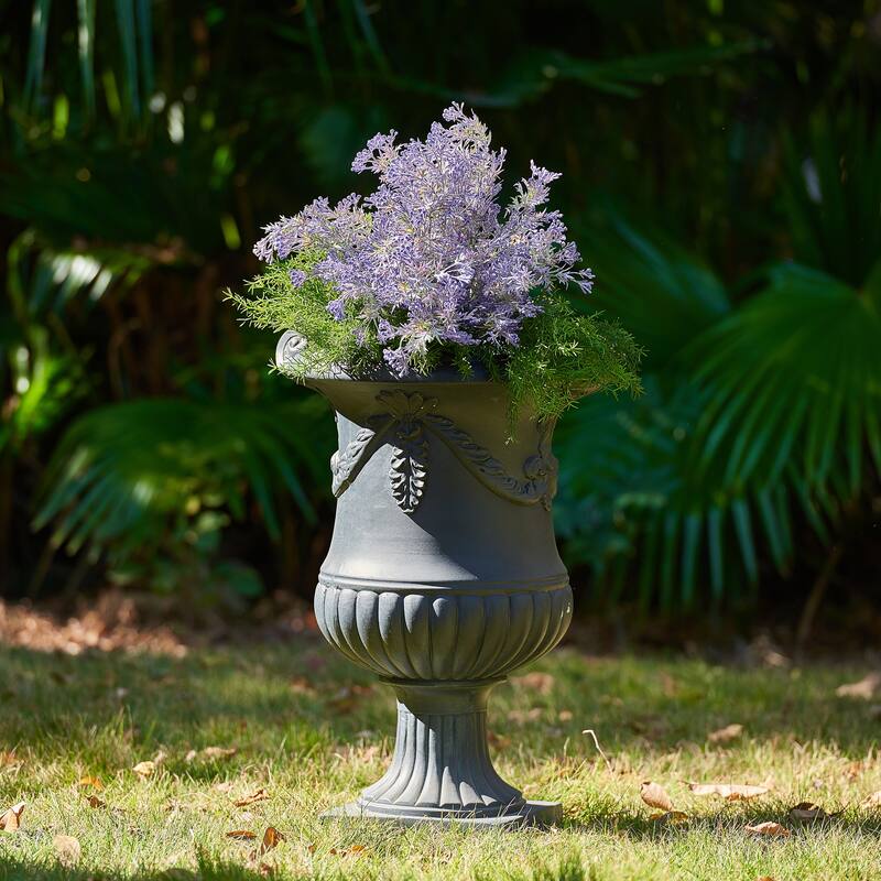 Christopher Knight Home - Fernrise 24.80"H Outdoor Classical Floral Relief Carvings MGO Urn Planter, Drainage Hole & Ventilation