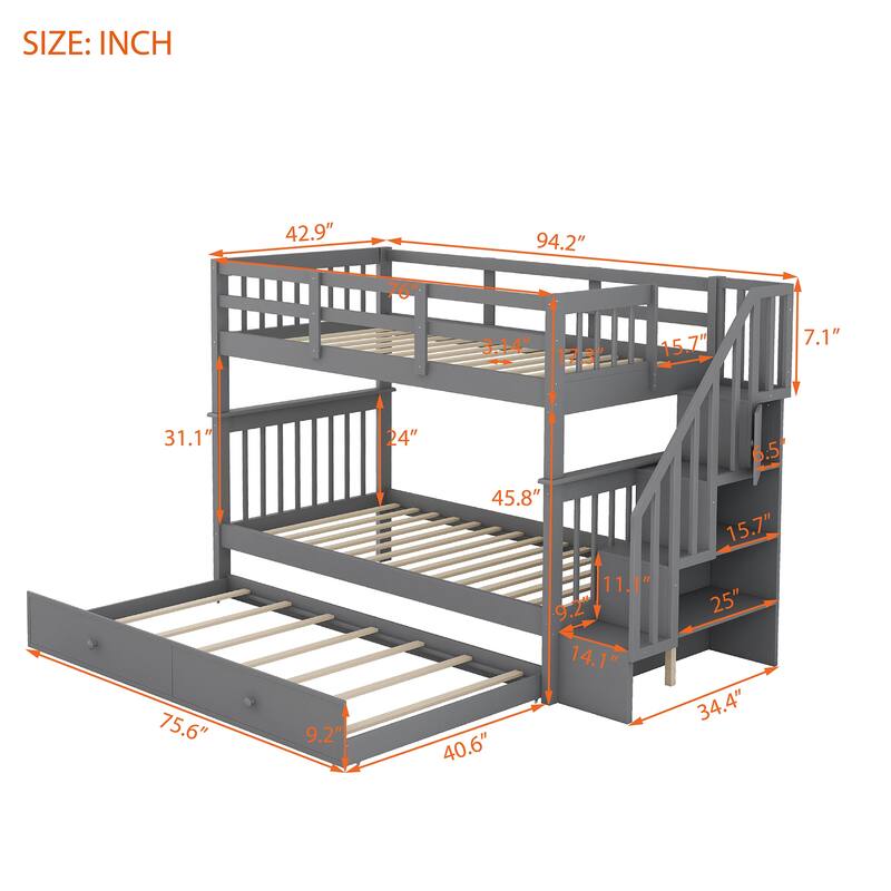 Stairway Twin Over Twin Bunk Bed with Twin Size Trundle & Stairs Storage, Detachable Solid Wood Triple Bedframe, for Kids Teens