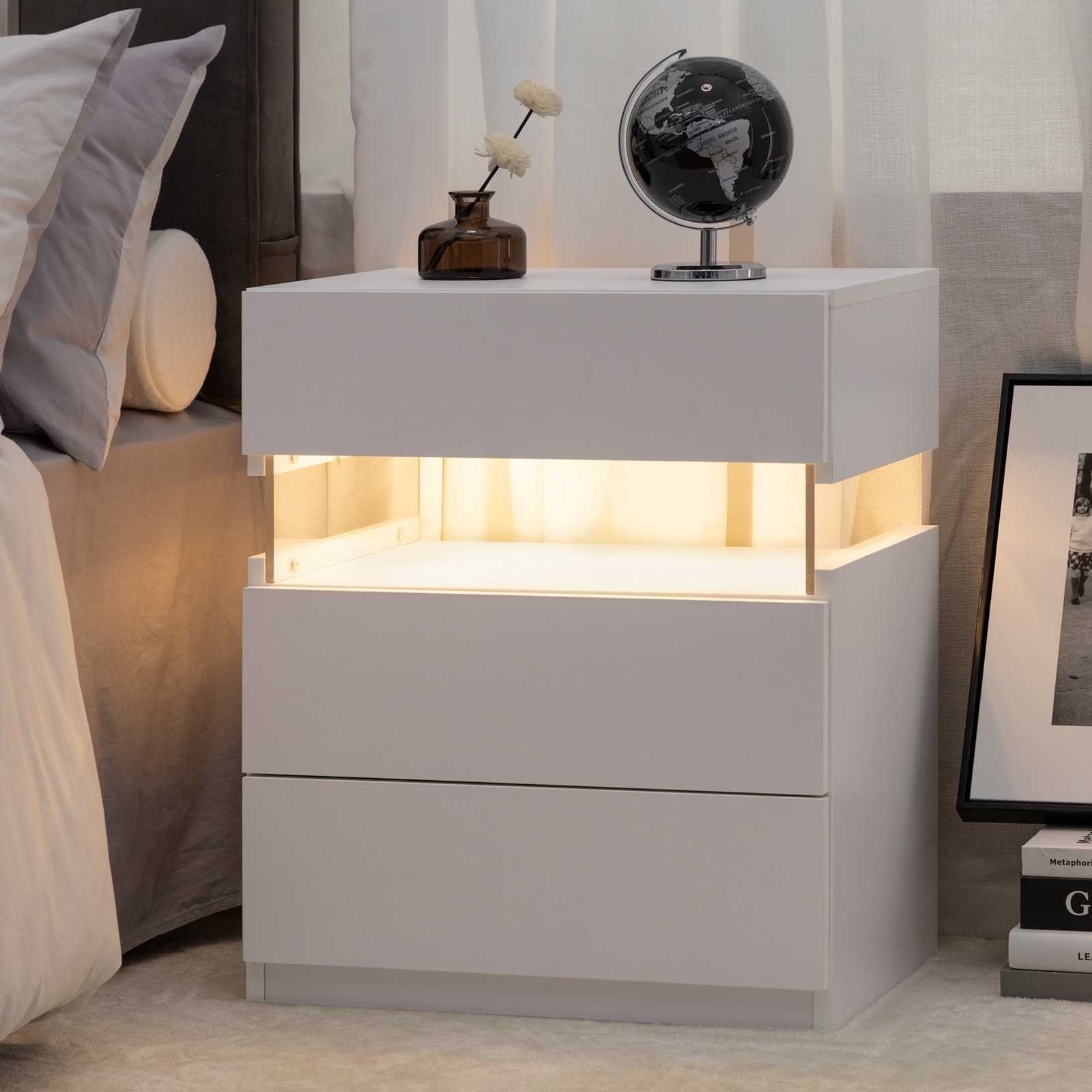 LED Bedside Furniture Set with 3 Drawer Dresser End Table and Acrylic Board Nightstand White