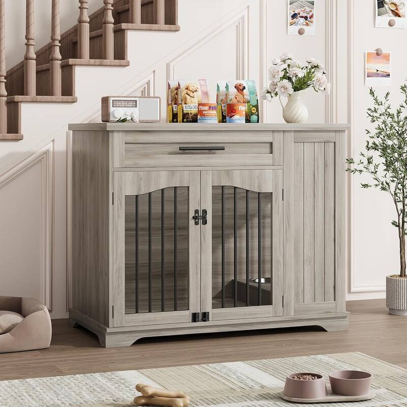 Heavy-Duty Dog Crate Furniture with Storage & Feeding Bowls