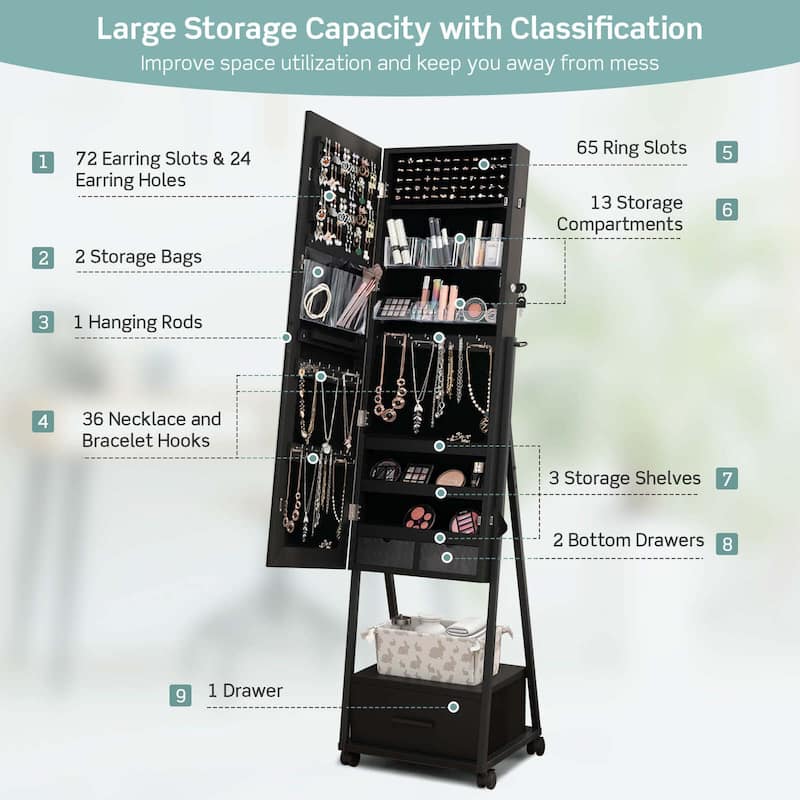 Costway Jewelry Cabinet Armoire Full Length Mirror Lockable with