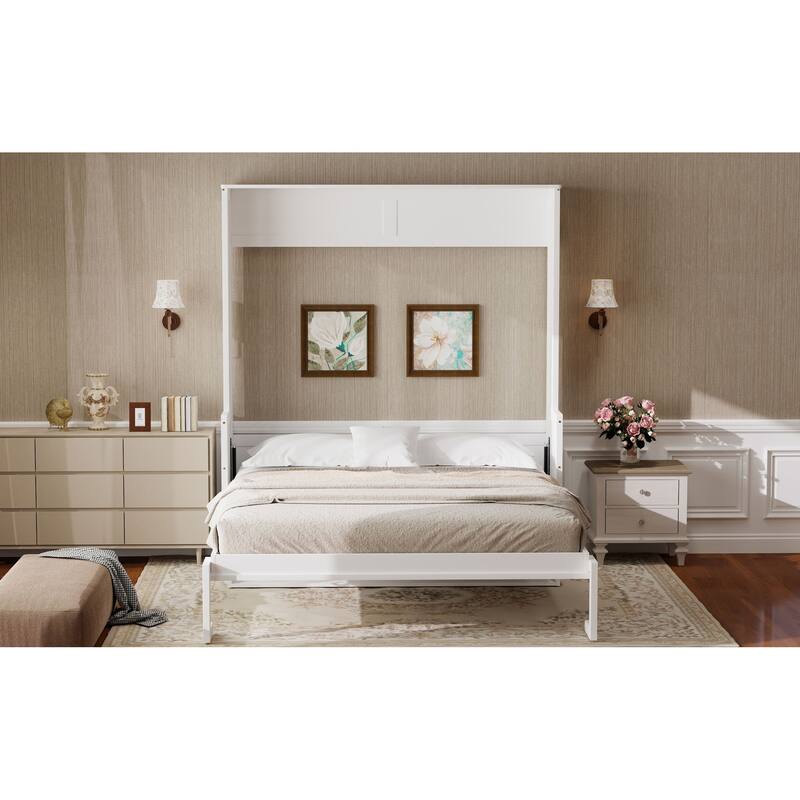 Roomfitters Queen Size Murphy Bed with Folding Desk and USB Charging Ports, Space-Saving Wall Bed with LED Lights