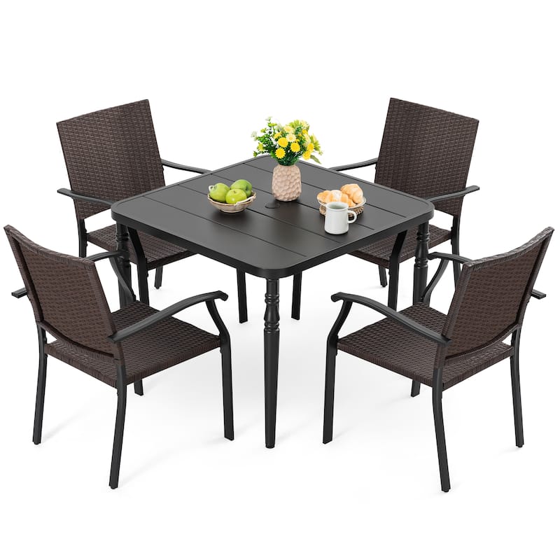 Outdoor 5-Piece Metal Wicker Dining Set with 1.6'' Umbrella Hole, Black