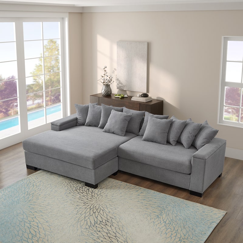 111" Luxury L-Shaped Sectional - Convertible Chaise Lounge with Hidden Storage, Corduroy Upholstery