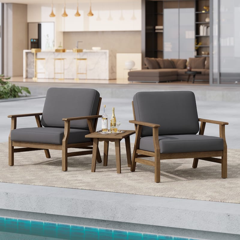 3-Piece Outdoor Patio Wood 2 Set Cushioned Armchair with Side Table - Dark Grey