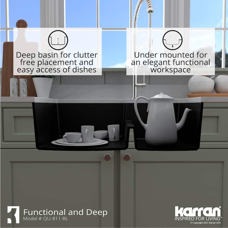 Karran 32" Undermount Large/Small Bowl Quartz Kitchen Sink Kit - 32" x 21.25" x 9"