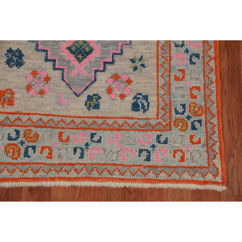 Hand Knotted Oriental 100% Wool Carpet Transitional Geometric Navy Blue & Blues Oushak Runner Rug - 14' 4'' X 3' 1''