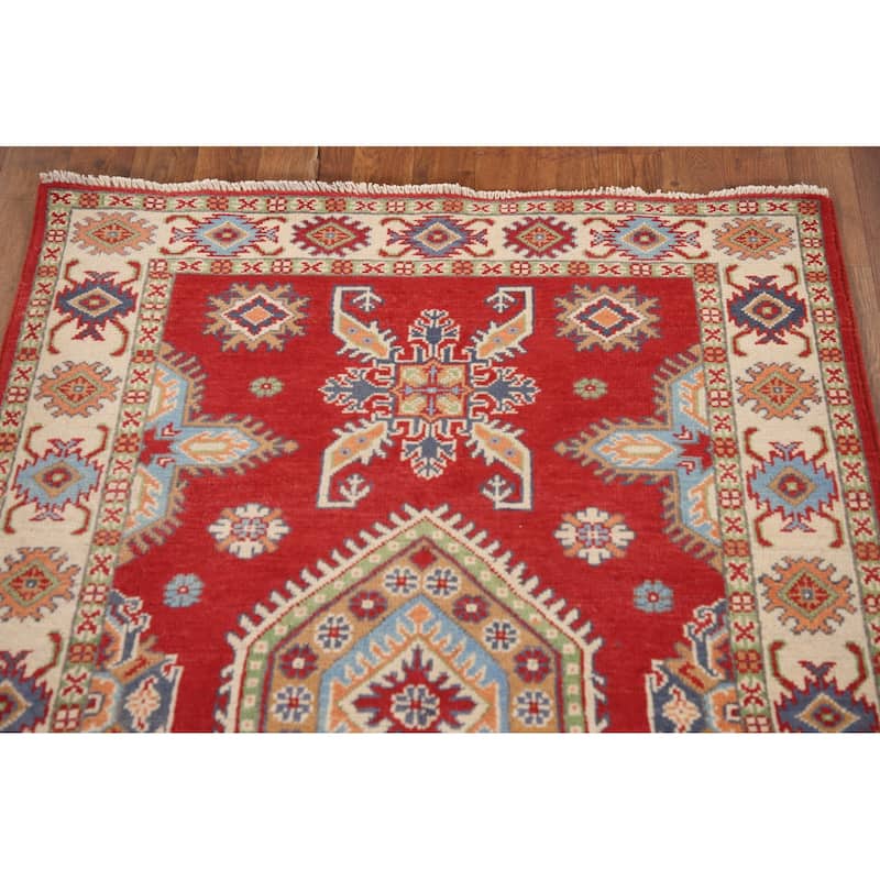 Red Kazak Oriental Accent Rug Hand-Knotted Wool Carpet - 3'4"x 4'10"