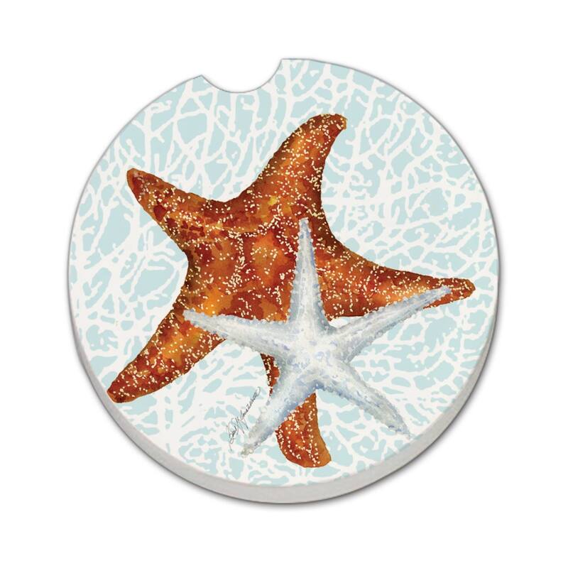 Seas the Day Starfish 2 Pack Absorbent Stone Coaster for Vehicle Cup Holder 2.6” Diameter Manufactured in The USA - Multi