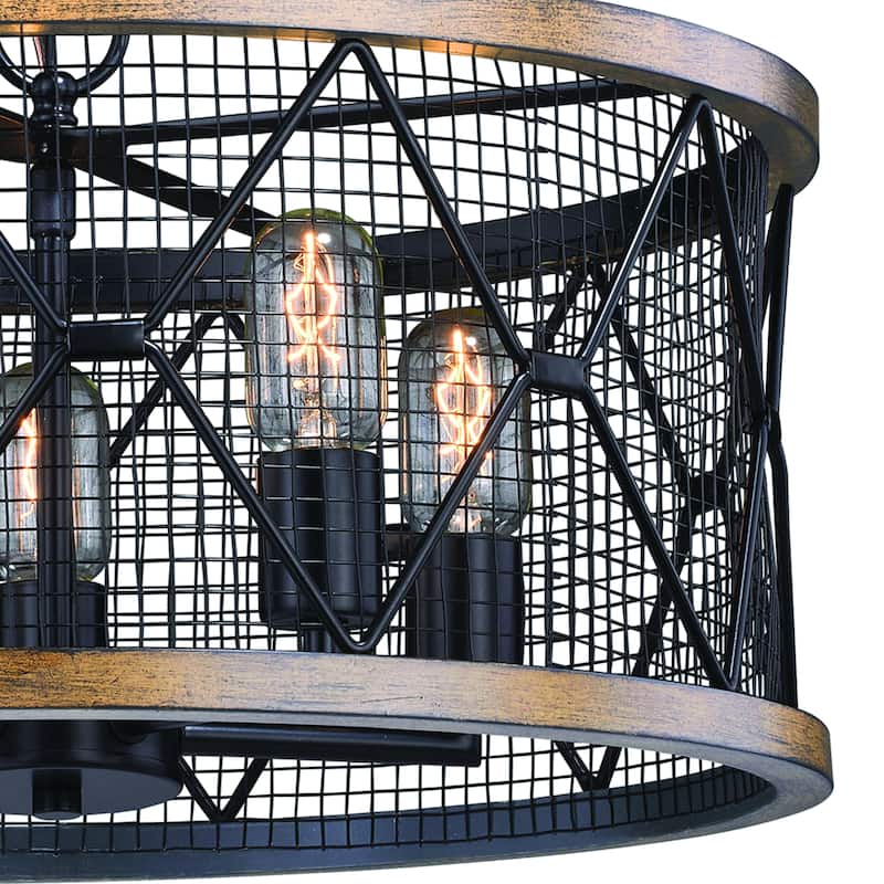 Bremerton 5 Light Black and Wood Cage Drum Chandelier - 20-in W x 11.5-in H x 20-in D