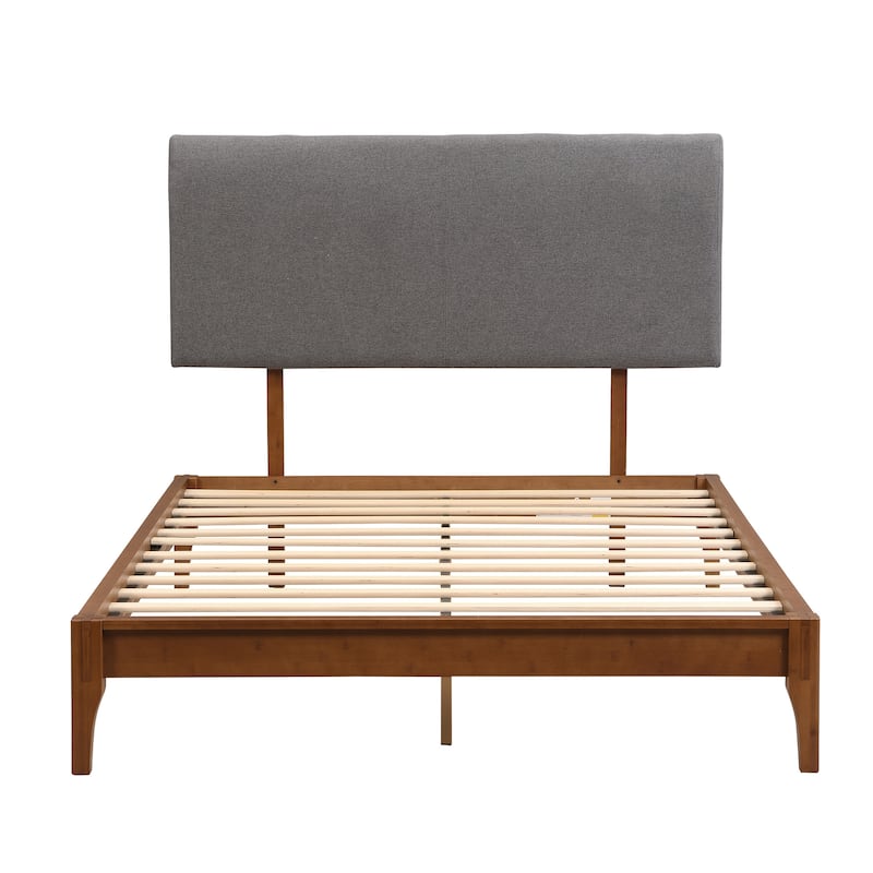 Solid Dry Bamboo Wood Platform Bed with Bamboo Frame, Upholstered Adjustable Headboard, Noise-Free Design, Easy Assembly