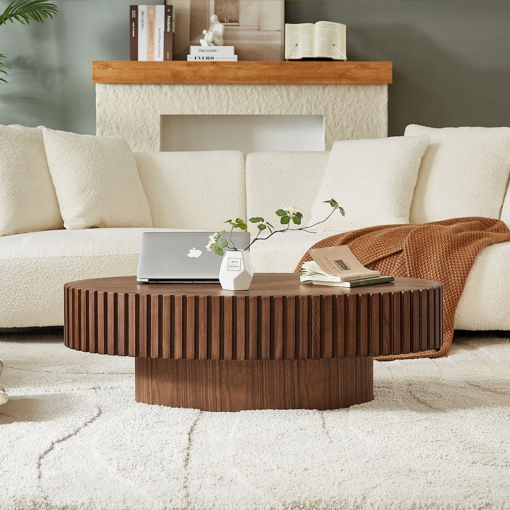 Handcraft Coffee Table Dining Table with Wood Relief, Oval End Table Accent Table with Sturdy Pedestal