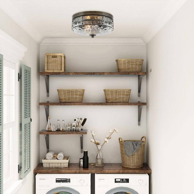 Rustic Farmhouse Drum 3-Light Water Ripple Glass Metal Flush Mount Light Modern Ceiling Light for Entryway