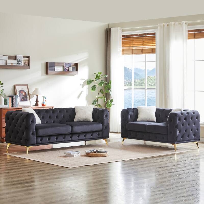 2+3 Seater Chesterfield Sofa Set, Velvet Loveseat & Deep Seat Lounge Couch with Tufted Design and Removable Cushions