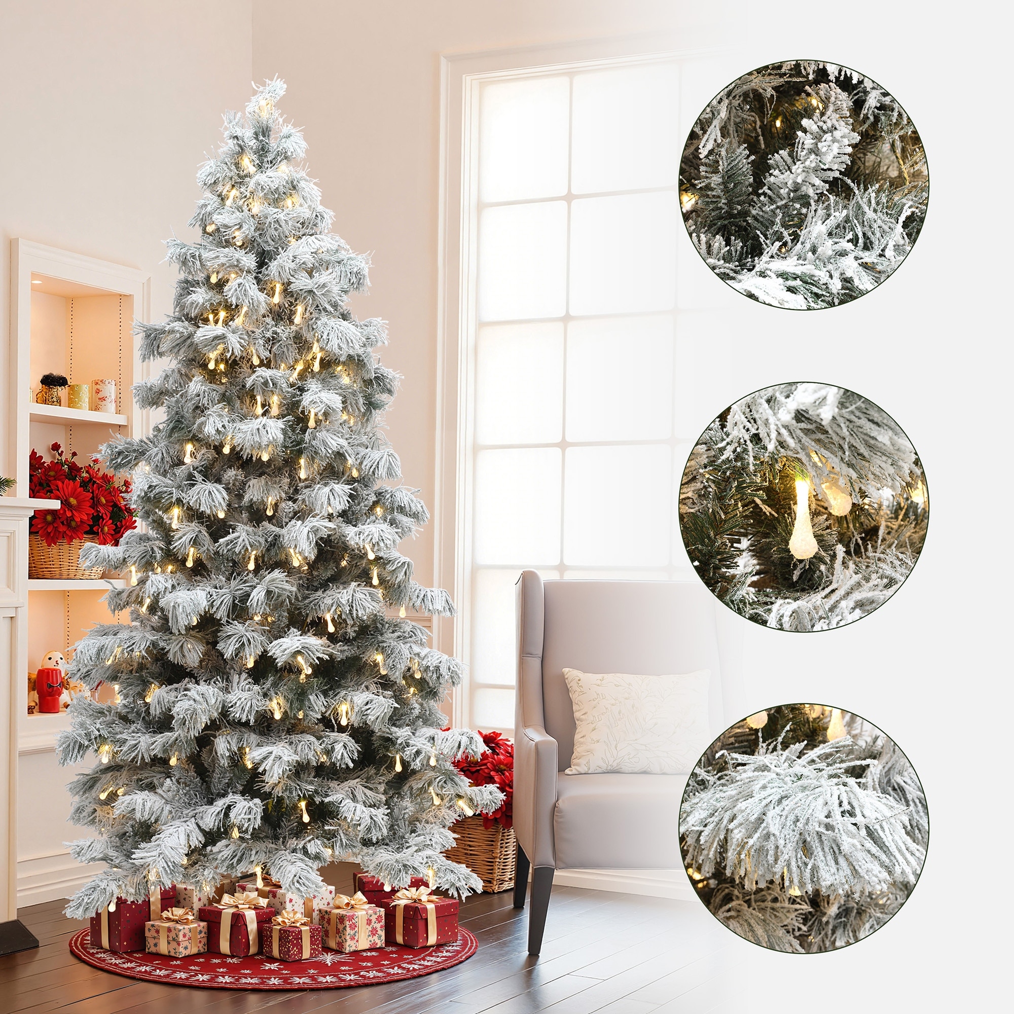 7.5Ft Pre-Lit Snow-Flocked Cedar Christmas Tree with Teardrop LED Lights - 90" H x 50.4" Diameter